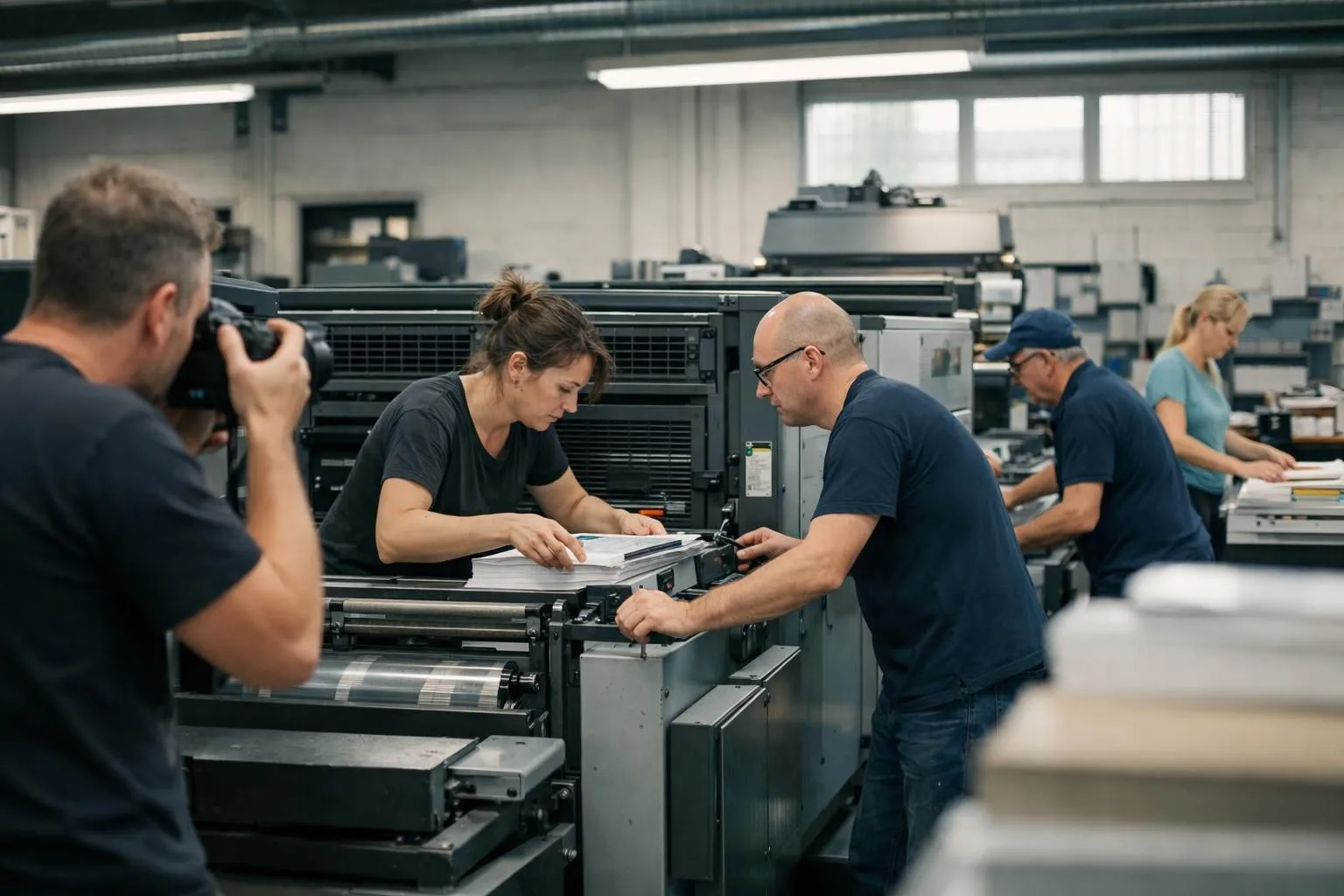 Professional photographer capturing authentic behind-the-scenes moments in a Swiss printing workshop, showing real employees at work with printing equipment, natural lighting and genuine workplace atmosphere, no staged corporate poses
