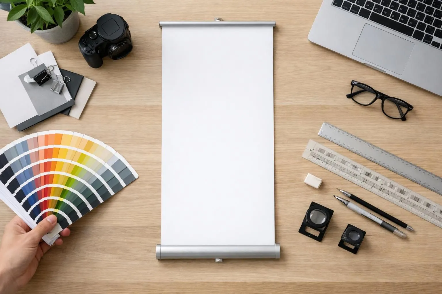 Professional graphic designer reviewing large kakemono banner mockup on computer screen with color swatches and typography rulers visible on modern desk workspace