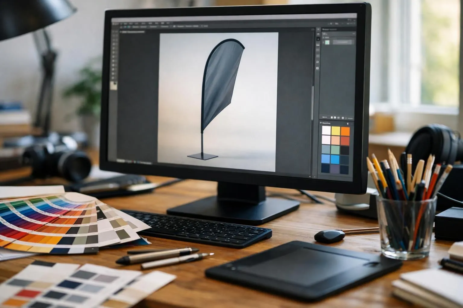 A designer working on a large format advertising flag mockup on a computer screen, with color swatches and typography samples visible on the desk, in a modern Swiss design studio with natural lighting, professional graphic design workspace