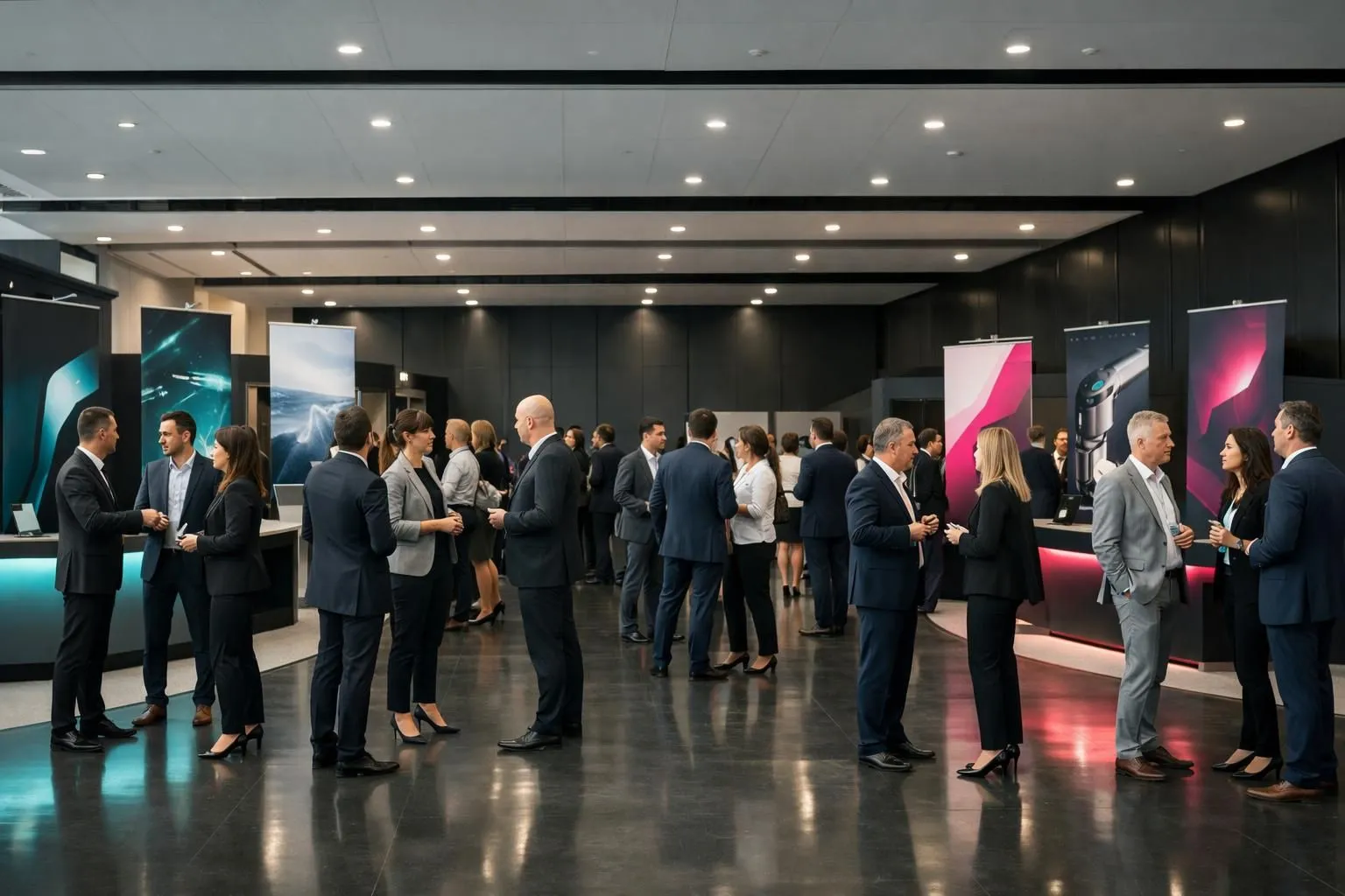 Professional trade show booth with multiple kakemono banners displaying branding and product information, business people networking in modern exhibition hall, no text visible on banners