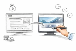 Dessin d'une main transformant un site web ancien en nouveau, illustrant le prix de refonte d'un site web existant et ses fac