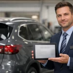 Conseiller expliquant les tarifs de vitres teintées arrière voiture, illustration des prix en Suisse.