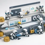 Illustration 3D isométrique ludique de robots entretenant un site web, représentant la maintenance site web coût mensuel.