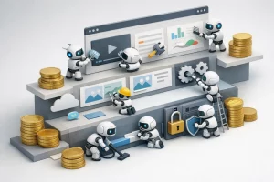 Illustration 3D isométrique ludique de robots entretenant un site web, représentant la maintenance site web coût mensuel.