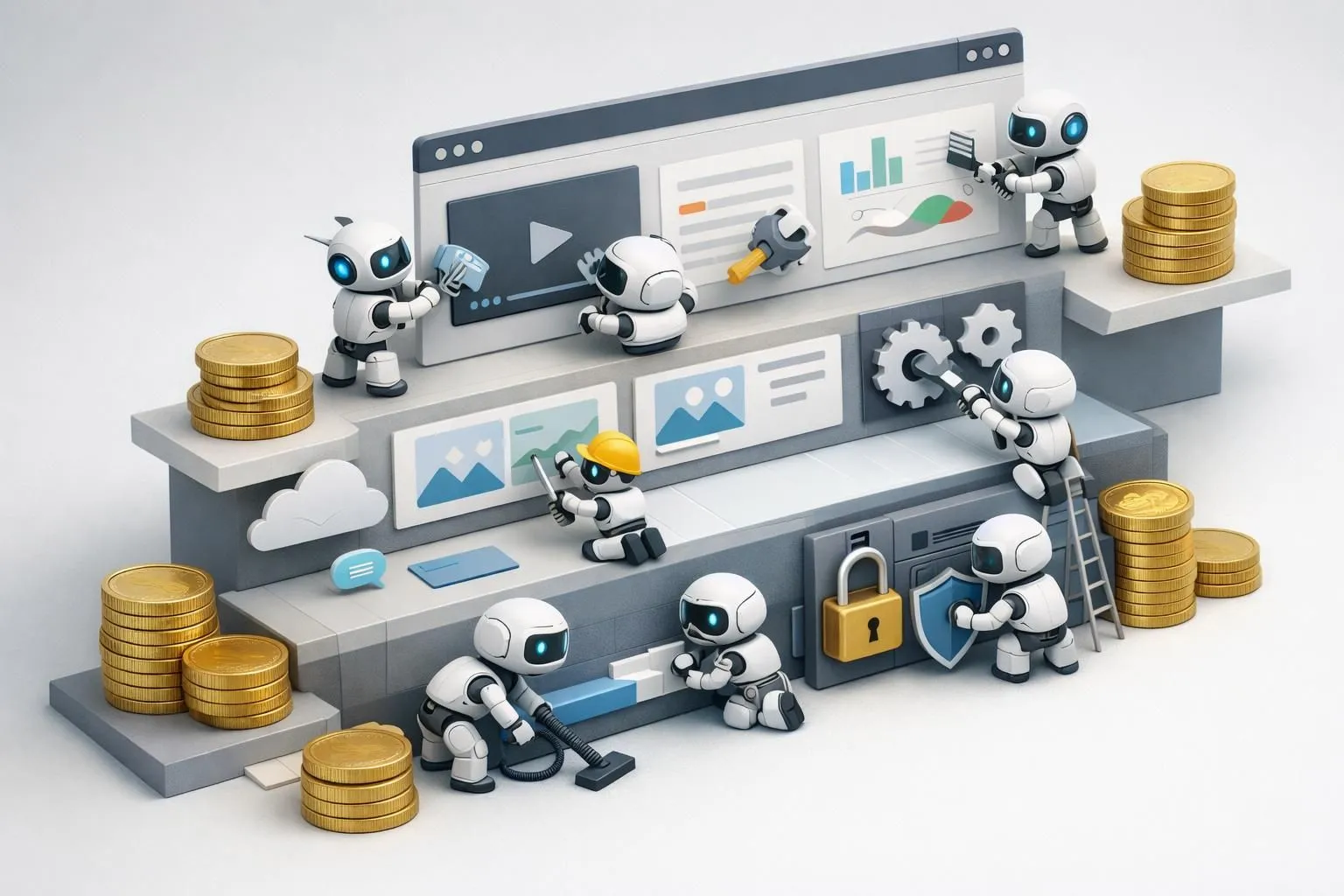 Illustration 3D isométrique ludique de robots entretenant un site web, représentant la maintenance site web coût mensuel.