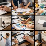 Collage visuel d'éléments de marque (couleurs, croquis, produits) illustrant la création charte graphique entreprise.