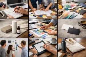 Collage visuel d'éléments de marque (couleurs, croquis, produits) illustrant la création charte graphique entreprise.