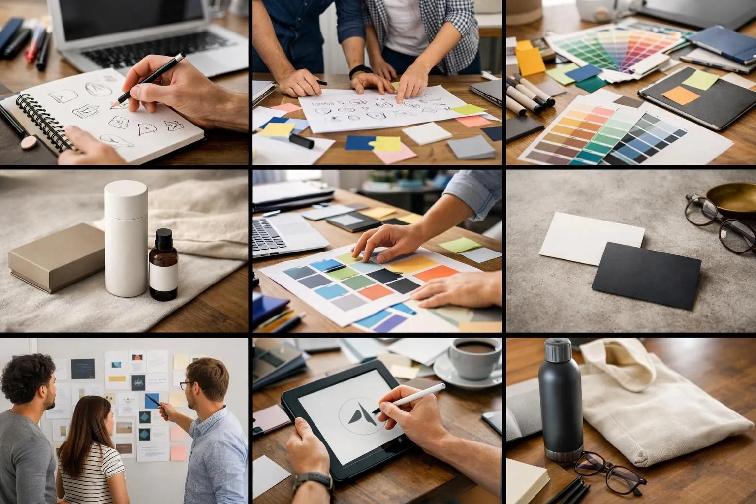 Collage visuel d'éléments de marque (couleurs, croquis, produits) illustrant la création charte graphique entreprise.