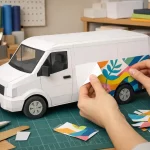 Covering intégral voiture utilitaire: une camionnette en papier reçoit son adhésif texturé, étape par étape.