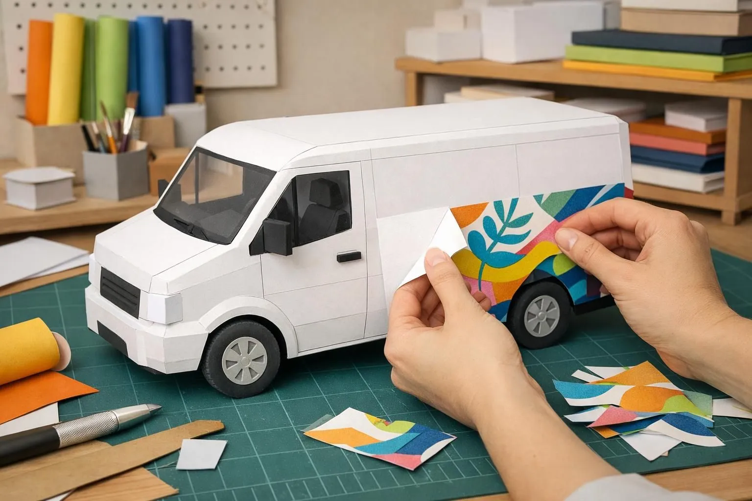 Covering intégral voiture utilitaire: une camionnette en papier reçoit son adhésif texturé, étape par étape.
