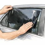 Installation de vitres teintées sur une voiture à Lausanne, montrant un technicien appliquant le film protecteur.