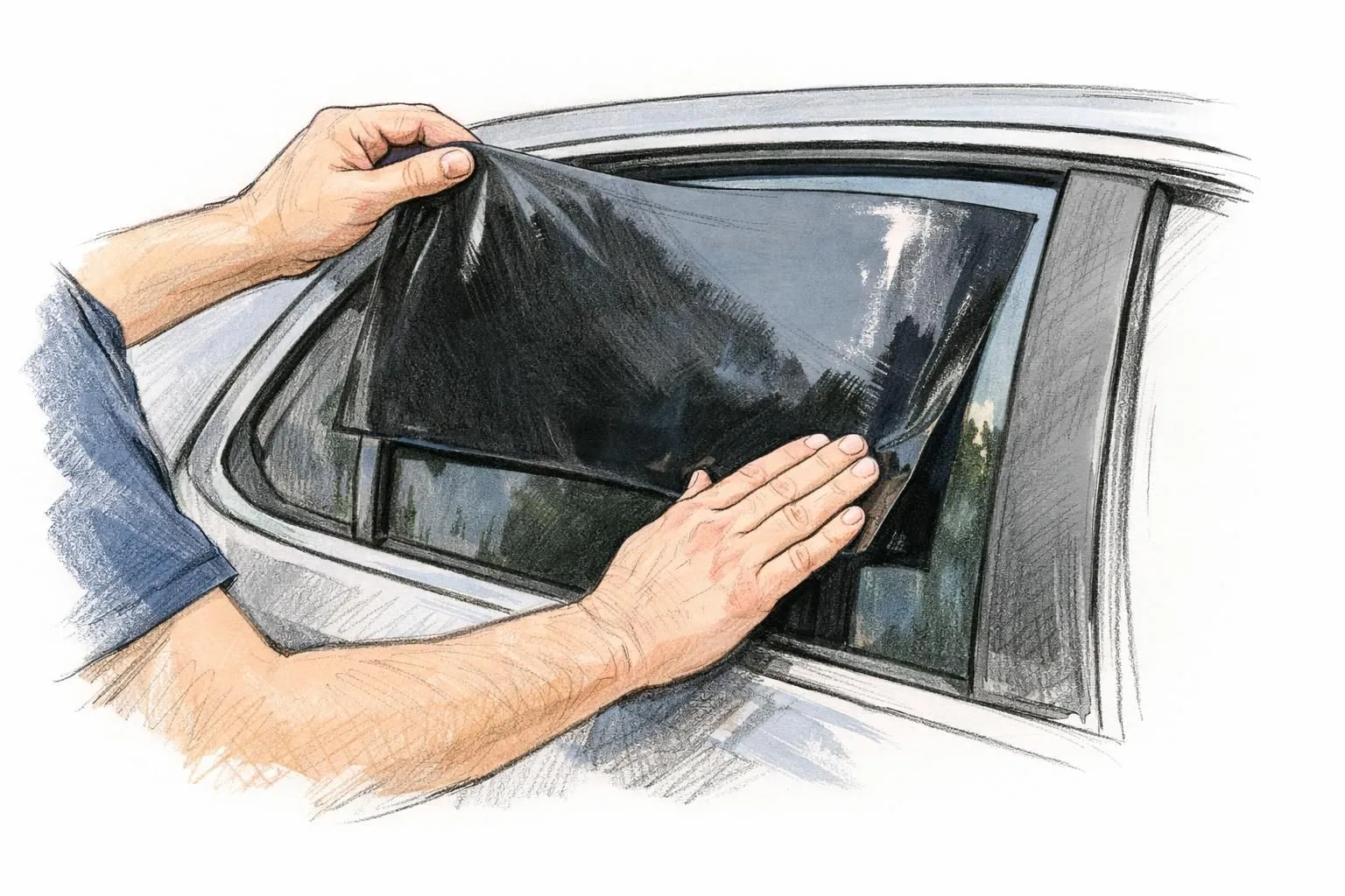 Installation de vitres teintées sur une voiture à Lausanne, montrant un technicien appliquant le film protecteur.