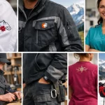 Collage de vêtements de travail personnalisés suisse, montrant des uniformes uniques pour divers professionnels. Renforce l'i