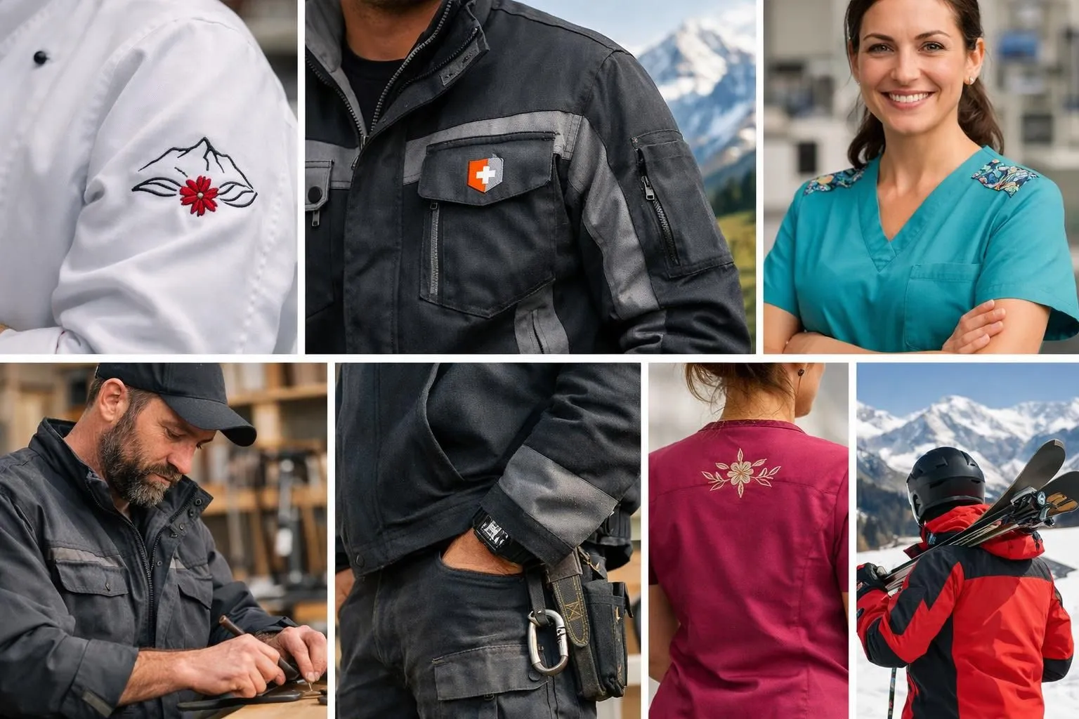 Collage de vêtements de travail personnalisés suisse, montrant des uniformes uniques pour divers professionnels. Renforce l'i