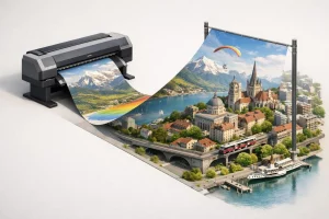 Impression grand format Lausanne. Une affiche moderne dynamise le paysage urbain, augmentant la visibilité.