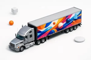 Camion moderne avec bâche publicitaire colorée, illustrant les avantages d'une visibilité accrue.