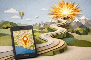 Agence SEO locale Lausanne: Chemin d'optimisation de visibilité en origami. Processus tactile de croissance.