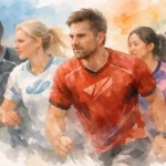 Illustration aquarelle de maillots de sport floqués pour entreprise, symbolisant l'unité d'équipe et l'image de marque.