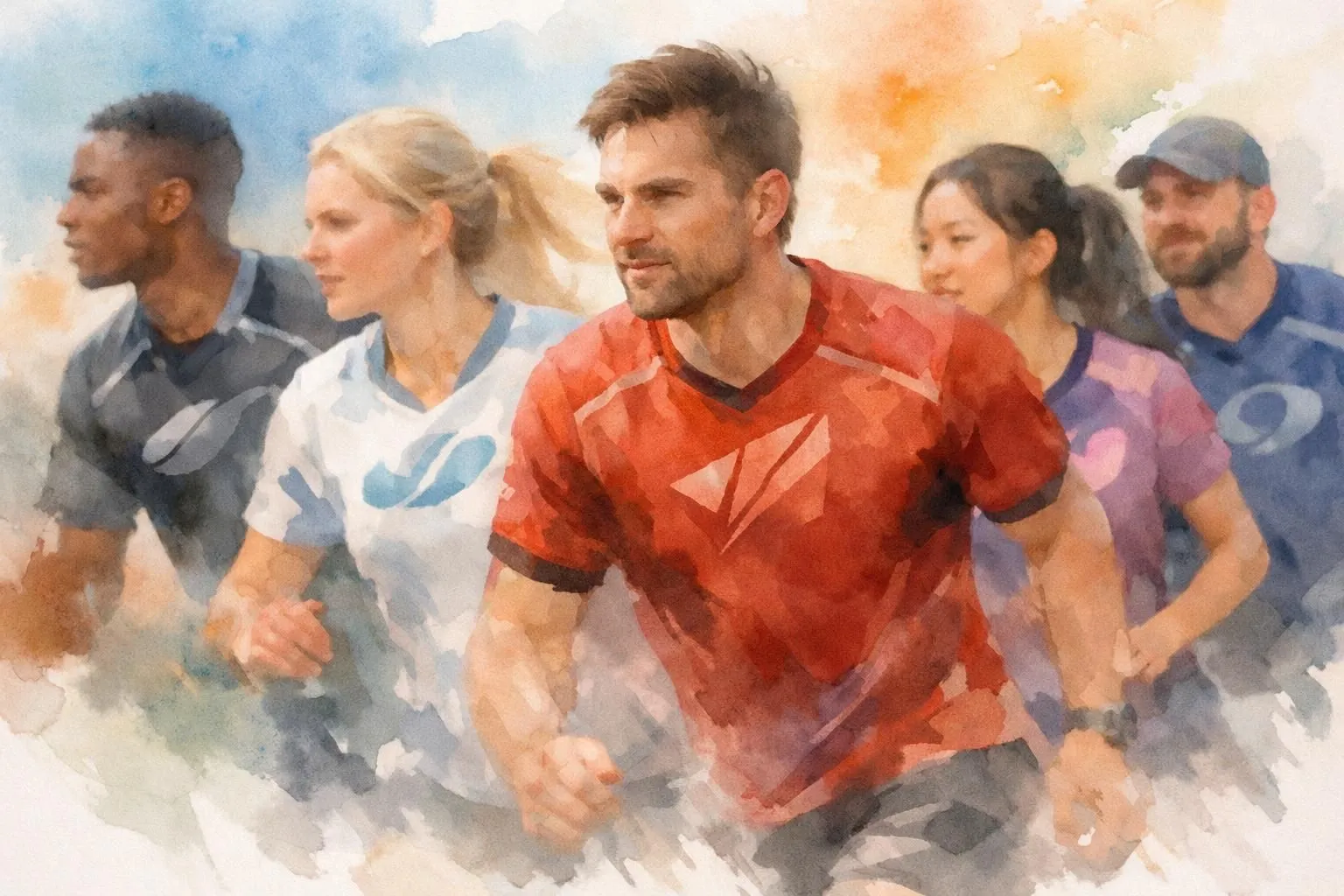 Illustration aquarelle de maillots de sport floqués pour entreprise, symbolisant l'unité d'équipe et l'image de marque.