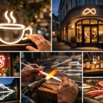 Néon sur mesure entreprise suisse: collage de photos authentiques de créations lumineuses pour marques, style et innovation.