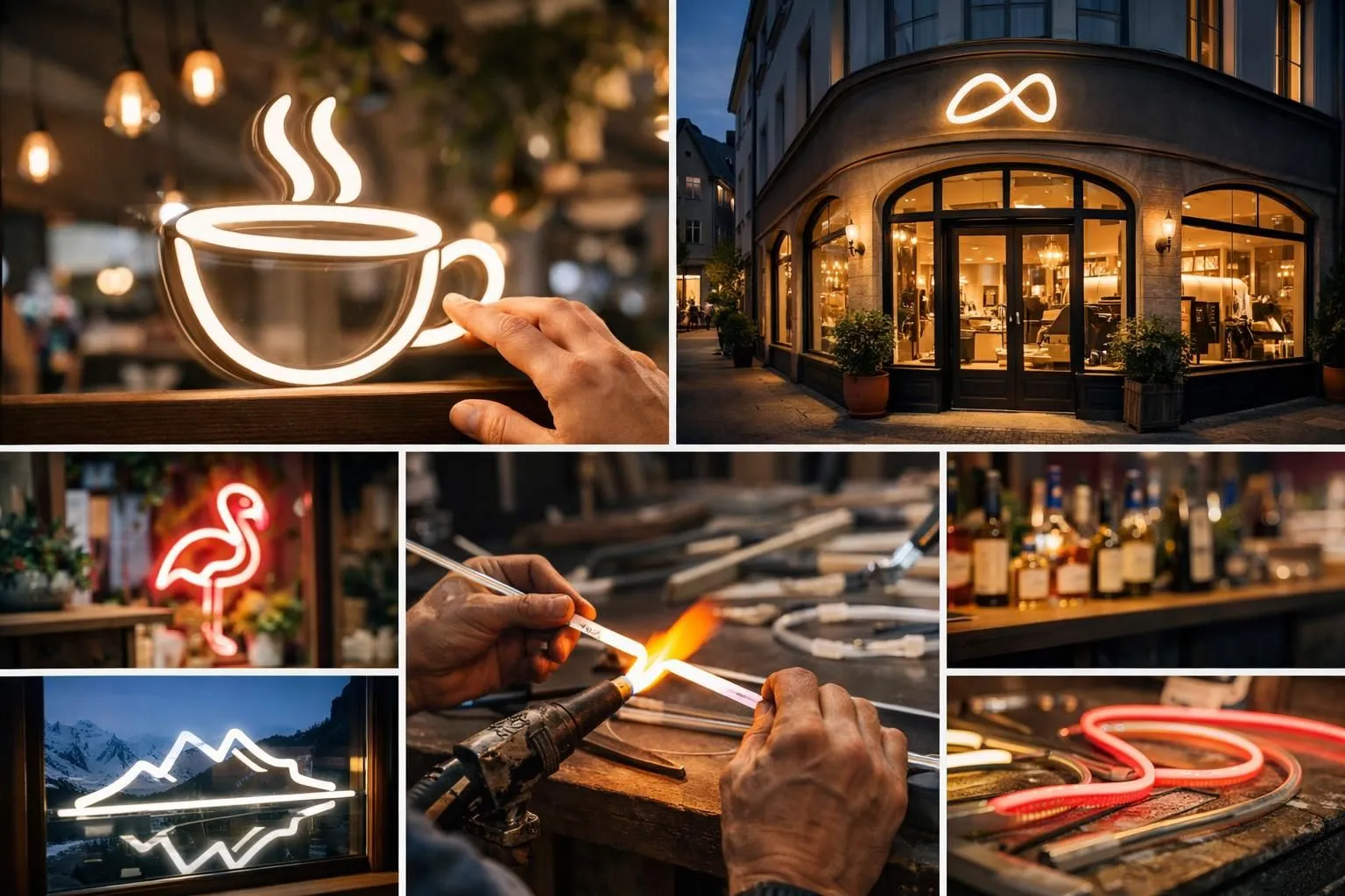 Néon sur mesure entreprise suisse: collage de photos authentiques de créations lumineuses pour marques, style et innovation.