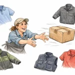 Vêtements professionnels personnalisés livraison rapide : illustration conviviale d'un colis vite livré et d'uniformes stylés