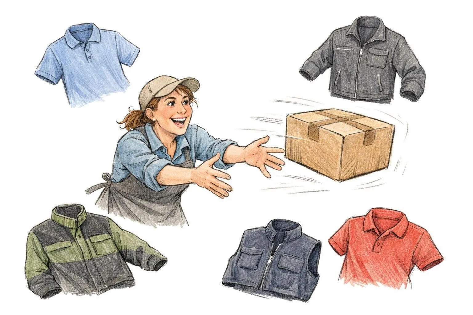 Vêtements professionnels personnalisés livraison rapide : illustration conviviale d'un colis vite livré et d'uniformes stylés