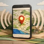 Optimisation site web mobile Crissier. Un smartphone en papier avec carte locale et signal de visibilité. Design tactile et c