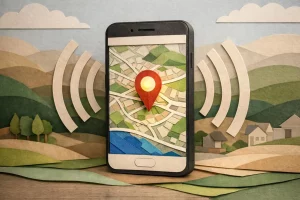 Optimisation site web mobile Crissier. Un smartphone en papier avec carte locale et signal de visibilité. Design tactile et c