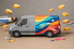 Van utilitaire en paper craft avec un covering coloré en cours, évoquant le covering voiture utilitaire prix et l'investissem