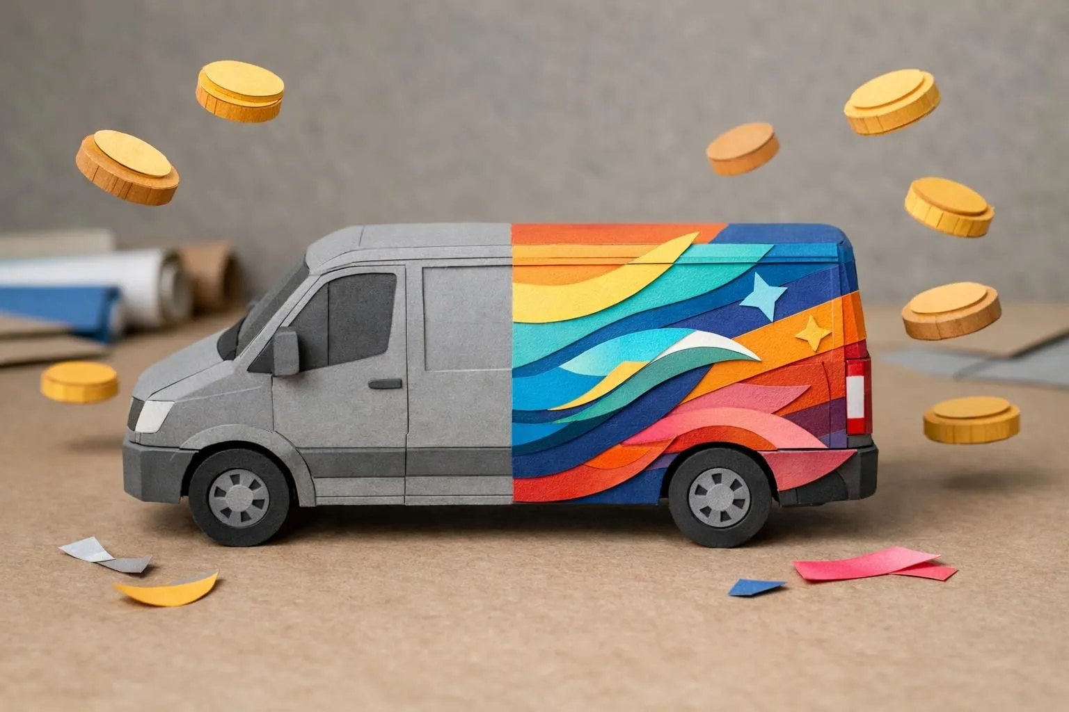 Van utilitaire en paper craft avec un covering coloré en cours, évoquant le covering voiture utilitaire prix et l'investissem