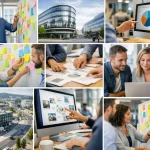 Collage de photos montrant une équipe créative à Crissier, illustrant comment choisir la meilleure agence de communication.