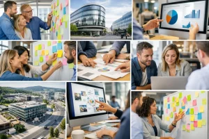 Collage de photos montrant une équipe créative à Crissier, illustrant comment choisir la meilleure agence de communication.