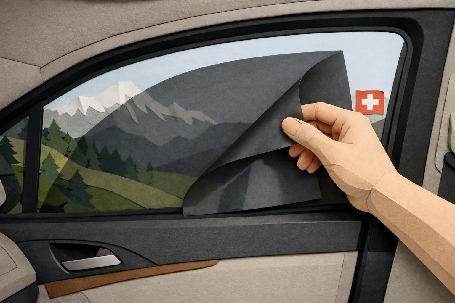 Image papier craft d'une vitre de voiture et film solaire appliqué, évoquant sa légalité en Suisse. Style créatif.