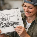 Dessin d'un entrepreneur esquissant une affiche publicitaire pour camion, réfléchissant au devis et au design.