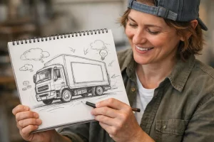 Dessin d'un entrepreneur esquissant une affiche publicitaire pour camion, réfléchissant au devis et au design.
