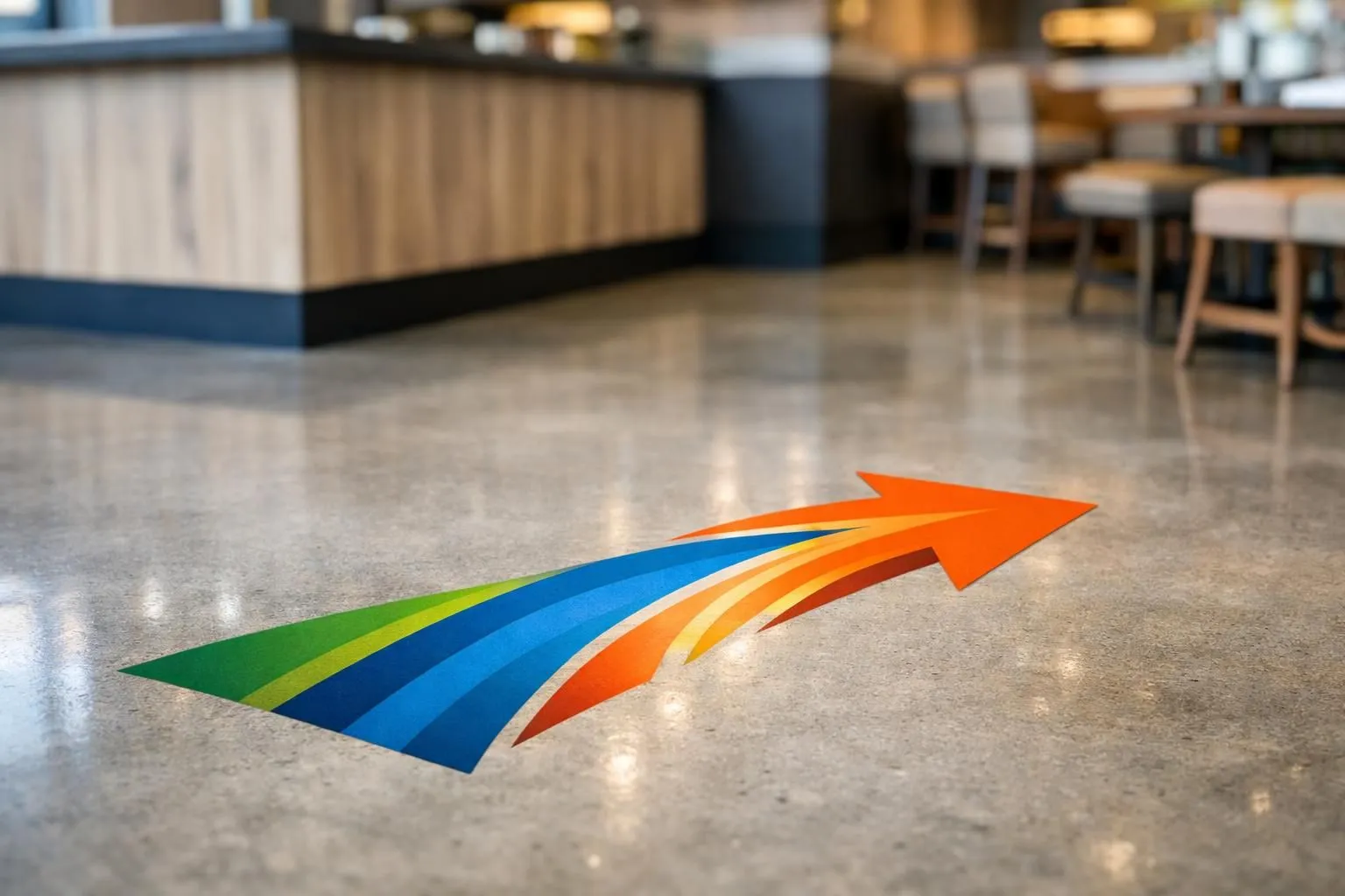 Autocollant sol personnalisé pour restaurant, design créatif. Attirez l'attention des clients avec une idée unique.