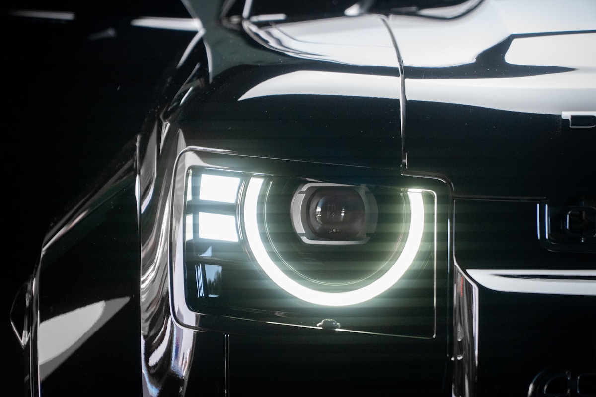 A close-up of a car's headlight.