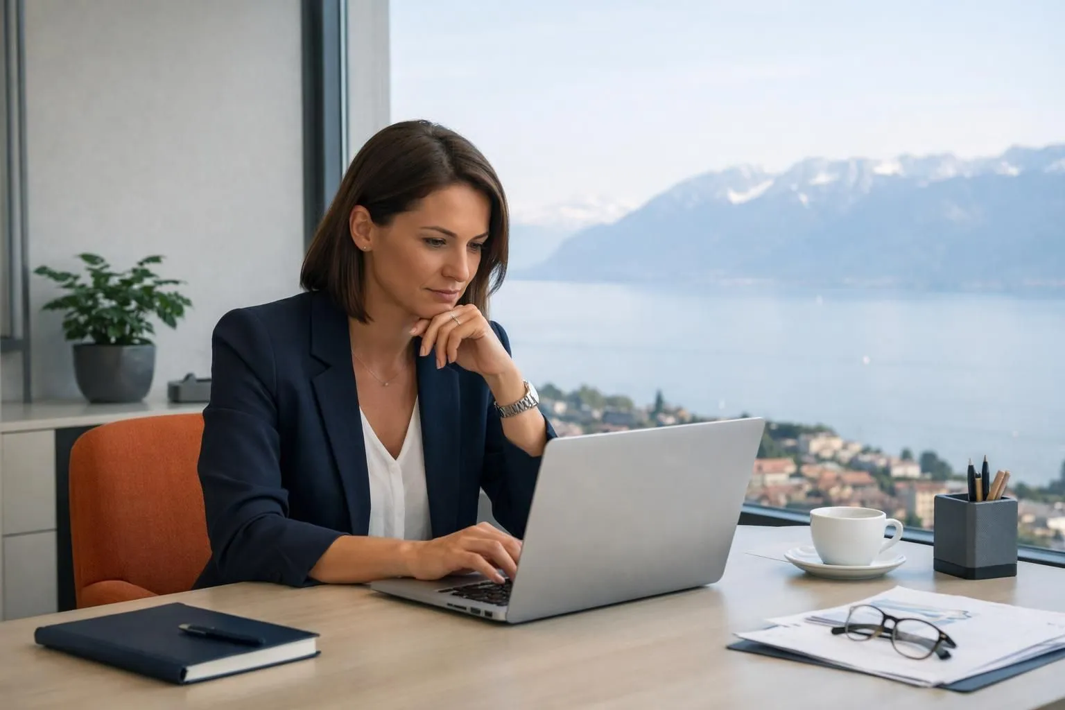Business owner looking concerned while reviewing website development costs on laptop screen in modern Lausanne office overlooking Lake Geneva, professional lighting, realistic photography