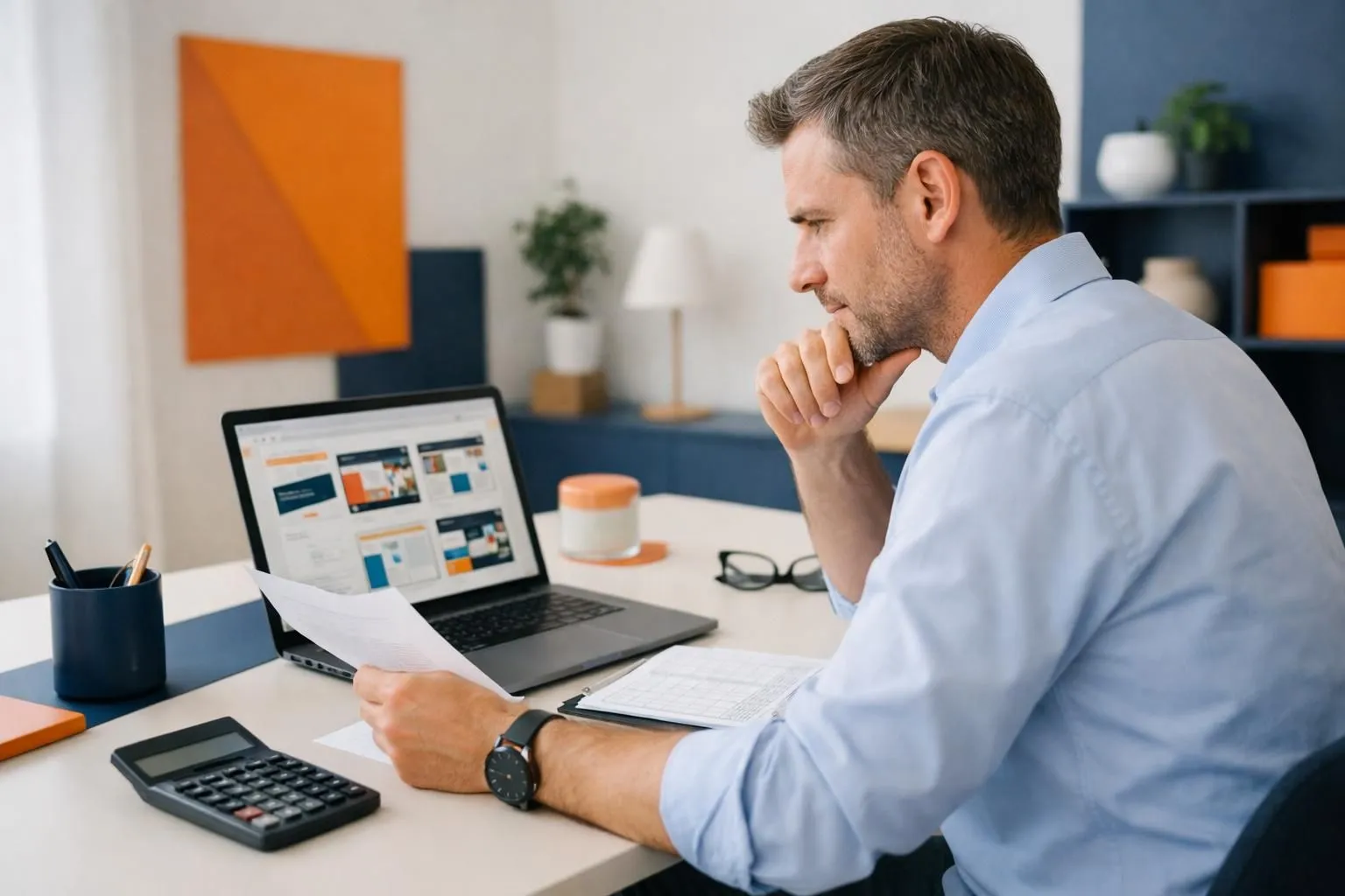 Swiss business professional analyzing multiple website redesign quotes on laptop screen with calculator and budget spreadsheet on modern office desk, natural lighting, professional atmosphere
