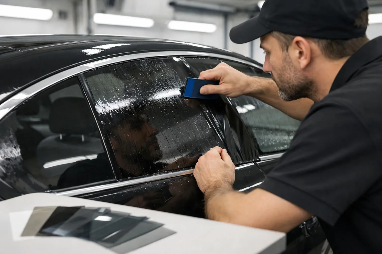 Close-up view of professional installer applying high-quality ceramic tinting film to a car's rear window, showing precision tools and film roll, in a modern automotive workshop in Switzerland with visible quality comparison samples of different tinting films on the workbench