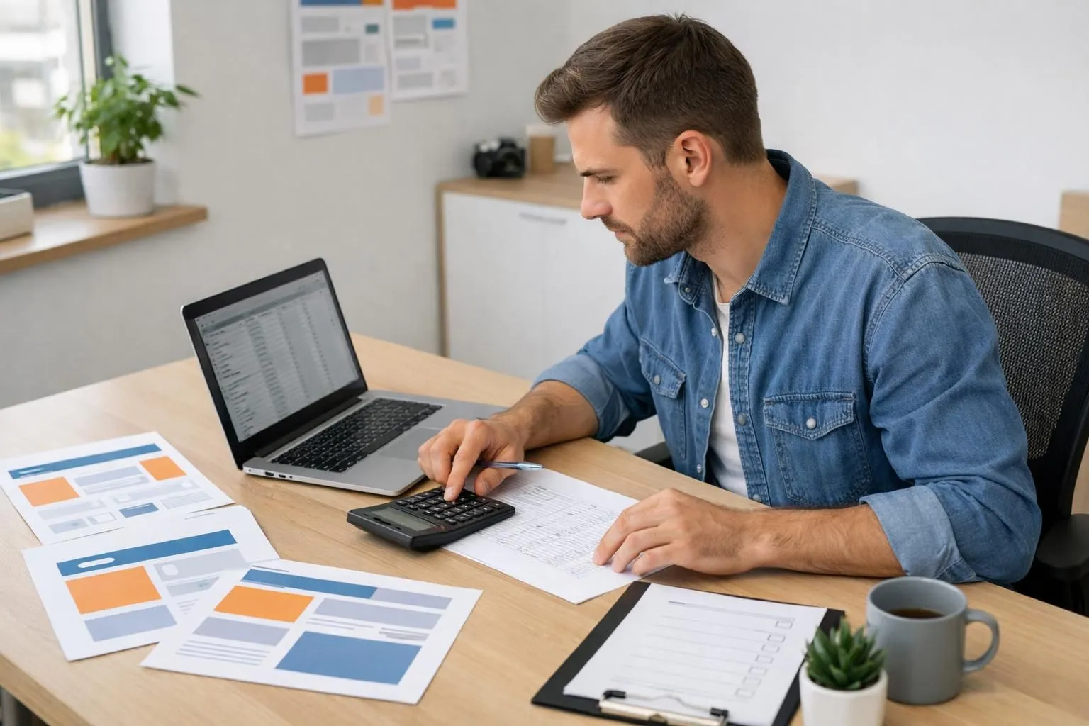 Professional web developer analyzing pricing spreadsheet with calculator and laptop on desk, surrounded by website wireframes and maintenance checklists, realistic office environment with natural lighting