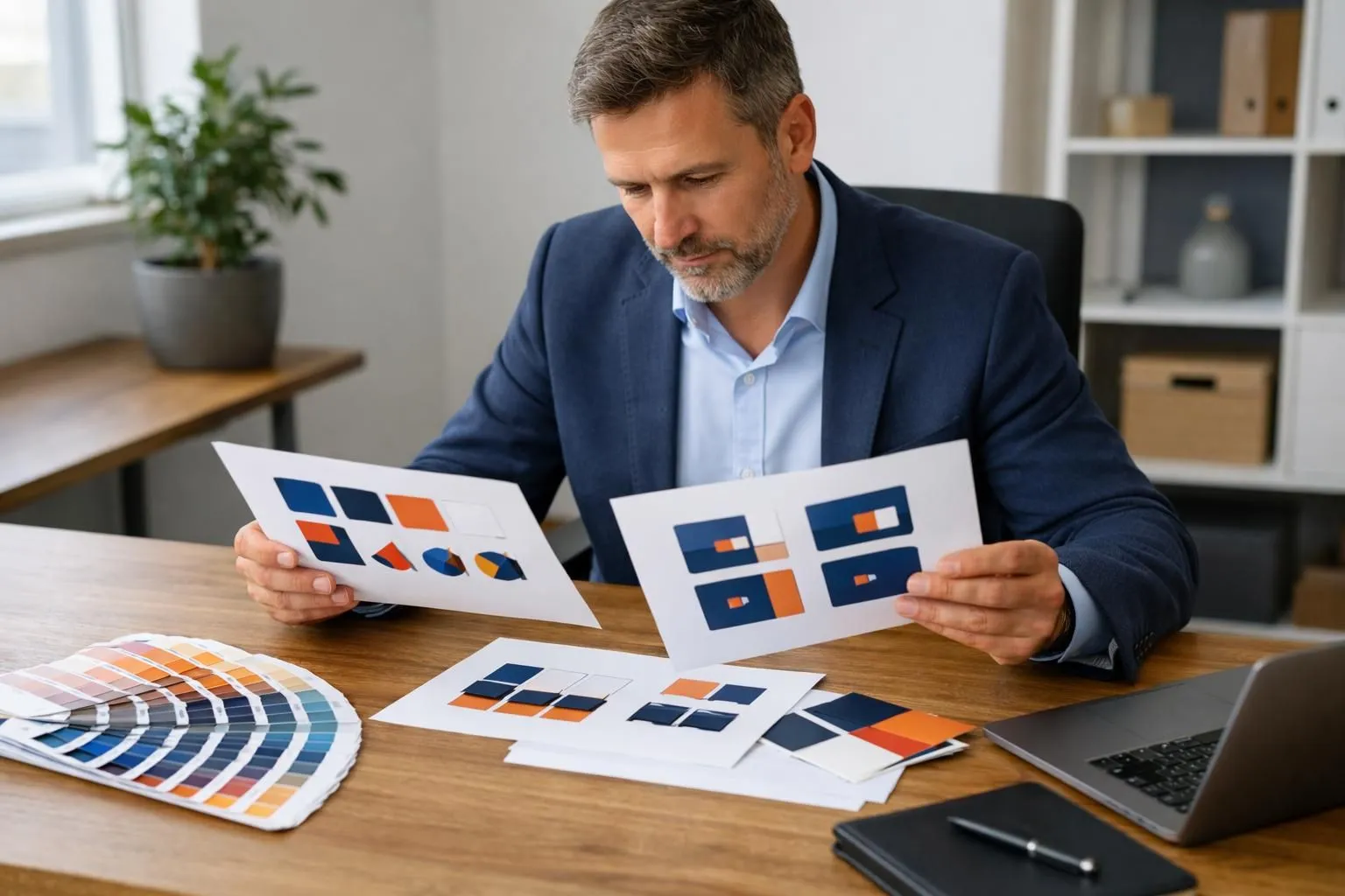 Business professional reviewing brand guidelines document with Pantone color swatches and logo variations spread on a wooden desk in a modern office, natural lighting, realistic photography style