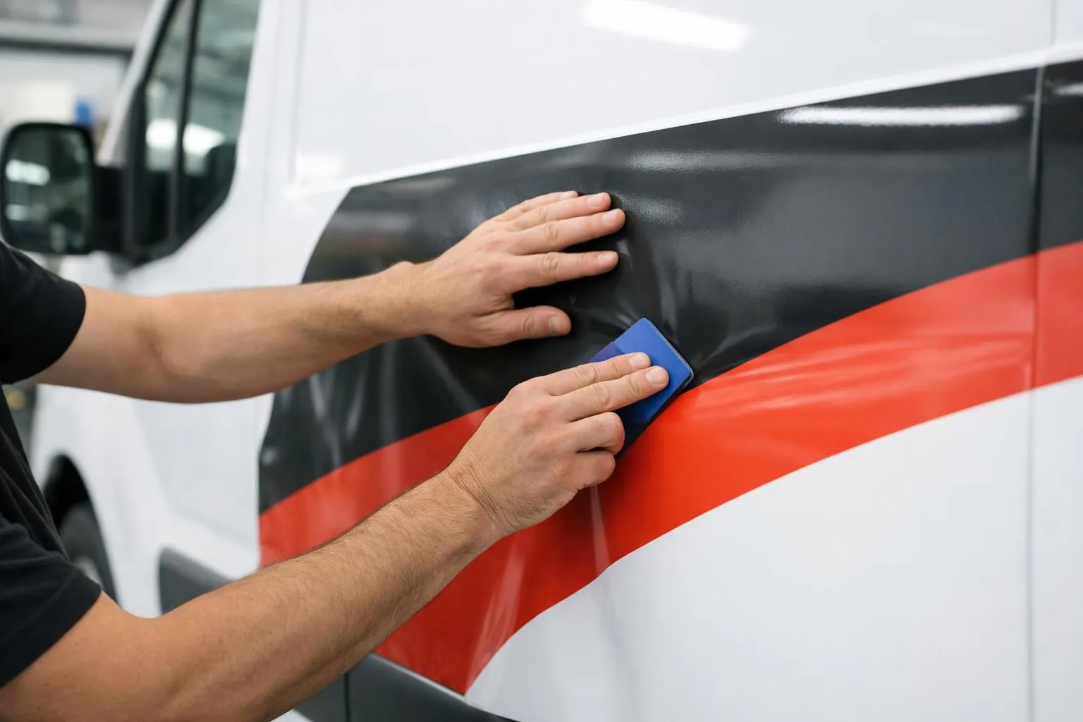 Professional white utility van being wrapped with vinyl film in a workshop, showing installer applying branded graphics with company logo and contact information, detailed close-up of hands smoothing vinyl material on vehicle surface, bright workshop lighting