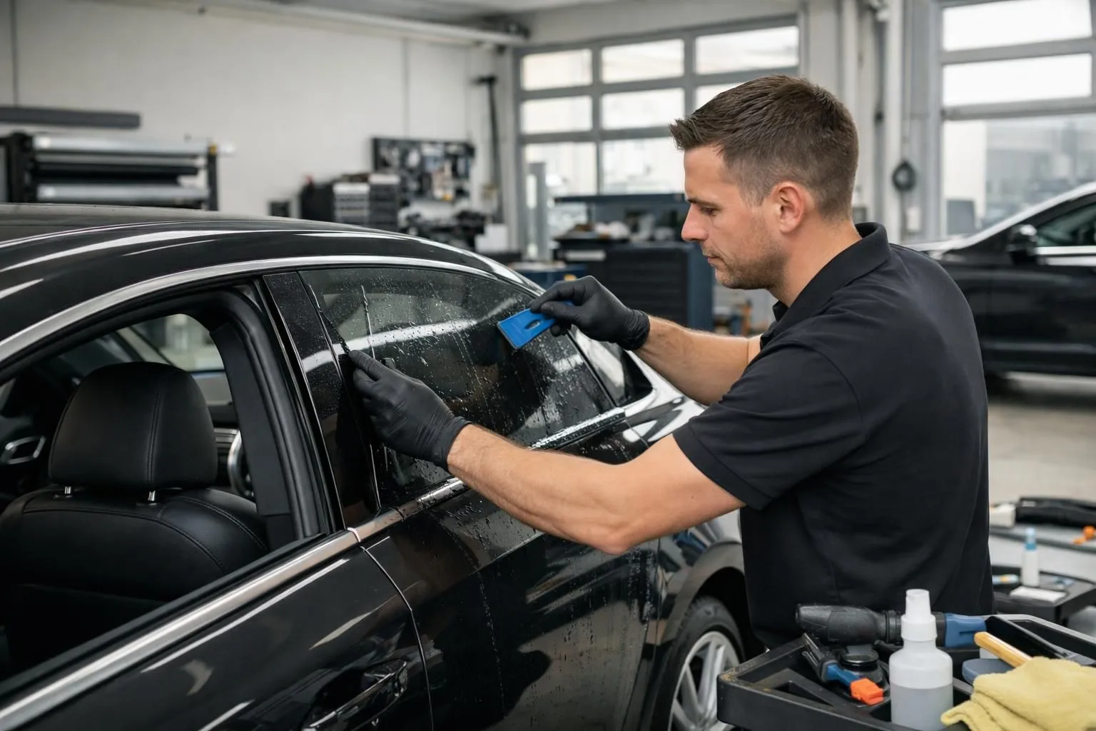 Professional car window tinting installation in Lausanne automotive workshop, skilled technician applying precision film to luxury vehicle windows, modern equipment visible, natural daylight showing quality craftsmanship, business setting with professional tools