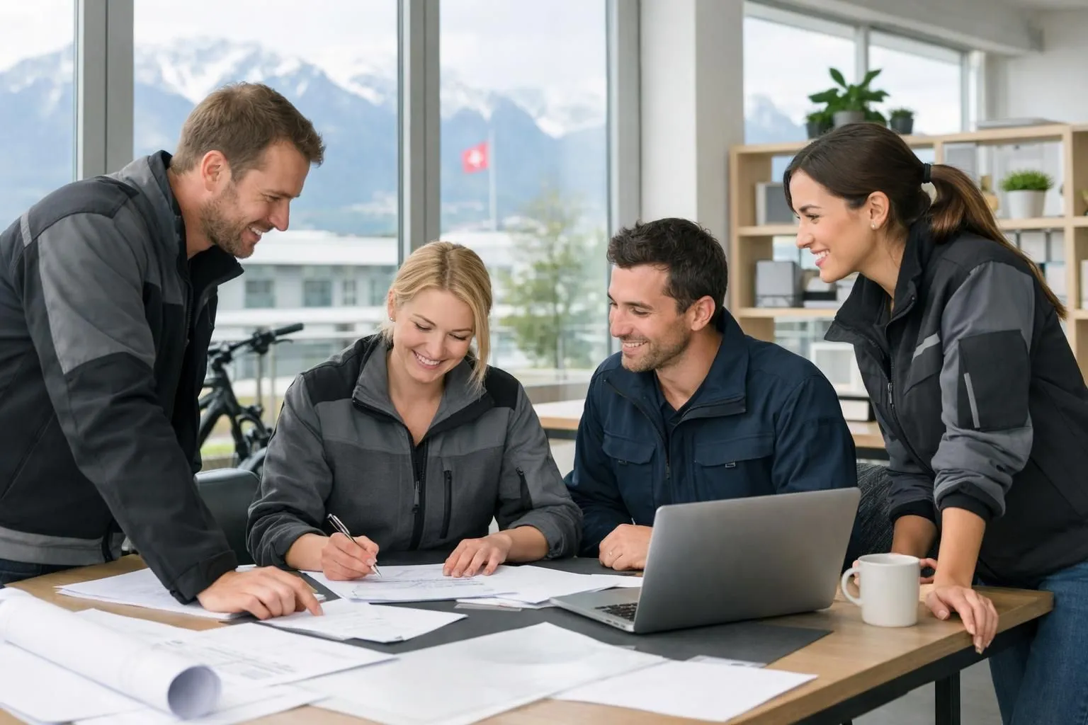 Professional team of diverse employees wearing matching branded workwear with company logo in modern Swiss office setting, showing collaboration and unity, no text visible on clothing or background