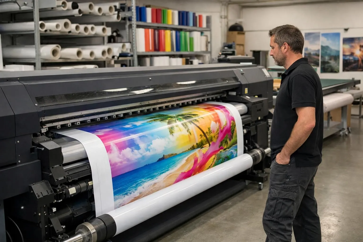 Modern printing workshop in Lausanne showing large format printer producing vibrant outdoor banner with skilled technician monitoring quality, professional industrial environment with rolls of premium vinyl material and finished colorful display products visible in background