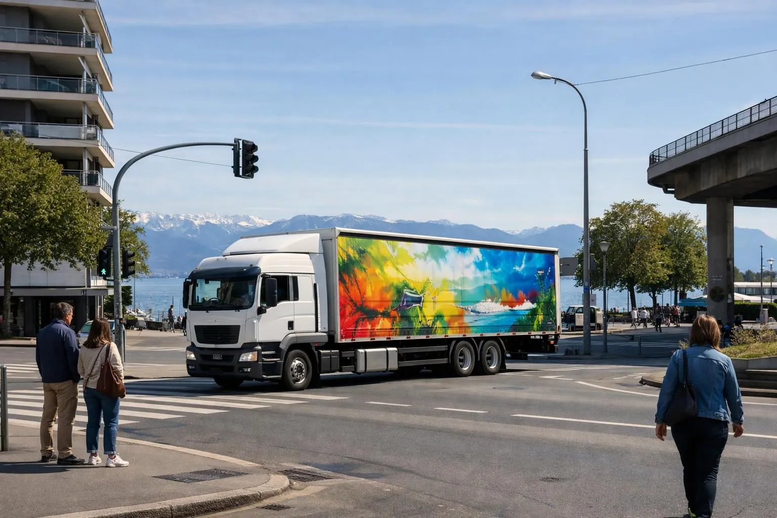 Commercial delivery truck with large professional advertising tarp featuring bright company branding driving through downtown Lausanne near Lake Geneva, modern Swiss urban environment with pedestrians noticing the mobile advertisement, realistic photography style, daylight