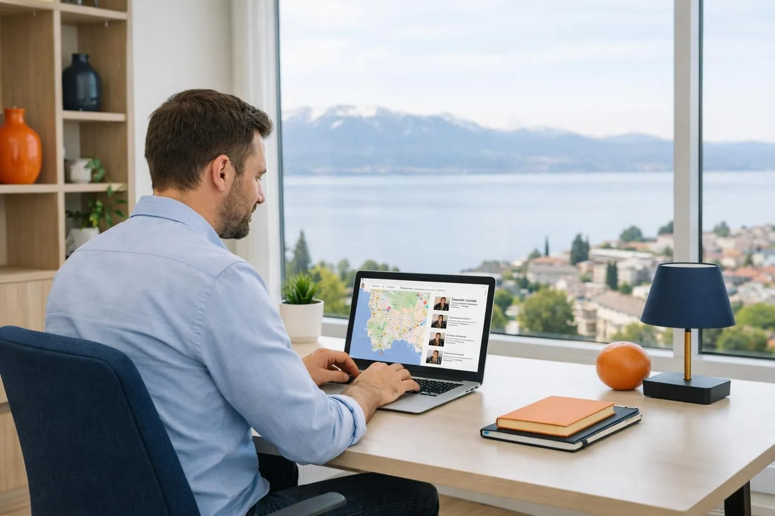 Business owner reviewing Google Maps search results on laptop in modern Lausanne office with lake view, visible local business pins on screen, professional workspace with printed marketing materials on desk