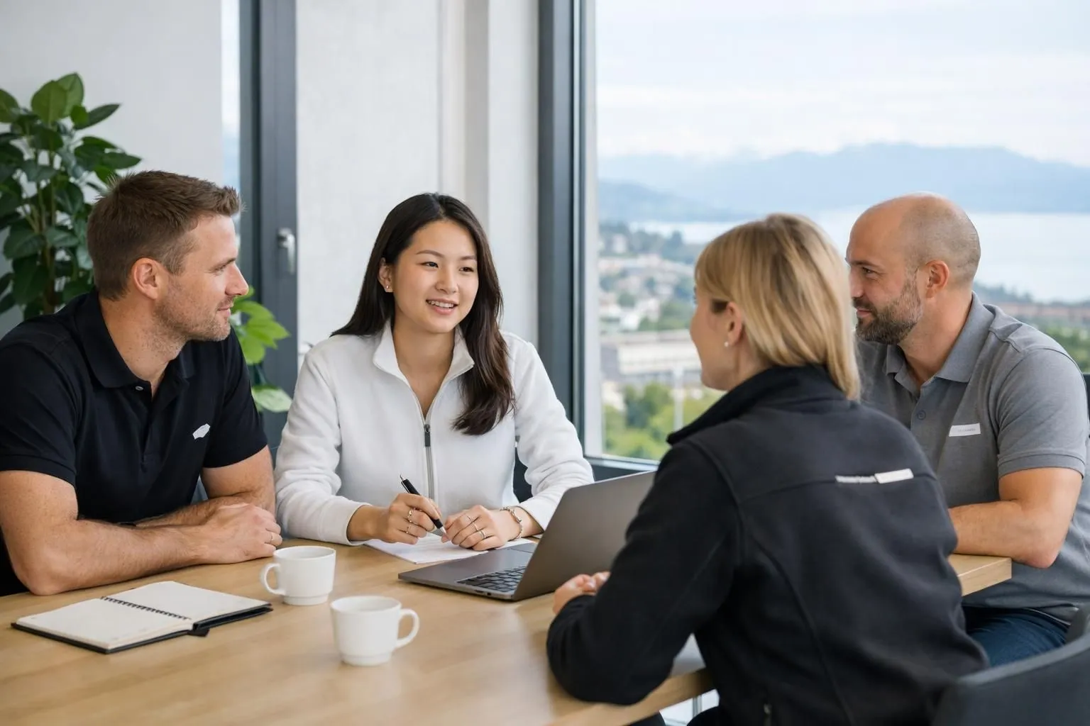 Business professionals in a modern Lausanne office setting wearing branded company apparel, some with embroidered logos on polo shirts and others with flocked designs on casual wear, engaged in a professional meeting, natural lighting emphasizing textile details and brand visibility